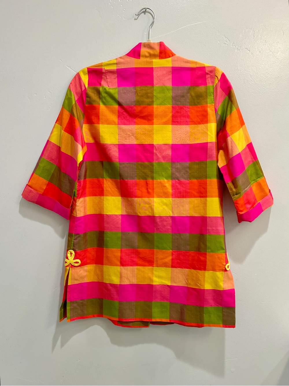 Vintage 60s Plaid Raw Silk Cheongsam Mandarin Collar Tunic Top Frog Closure - Picture 8 of 14